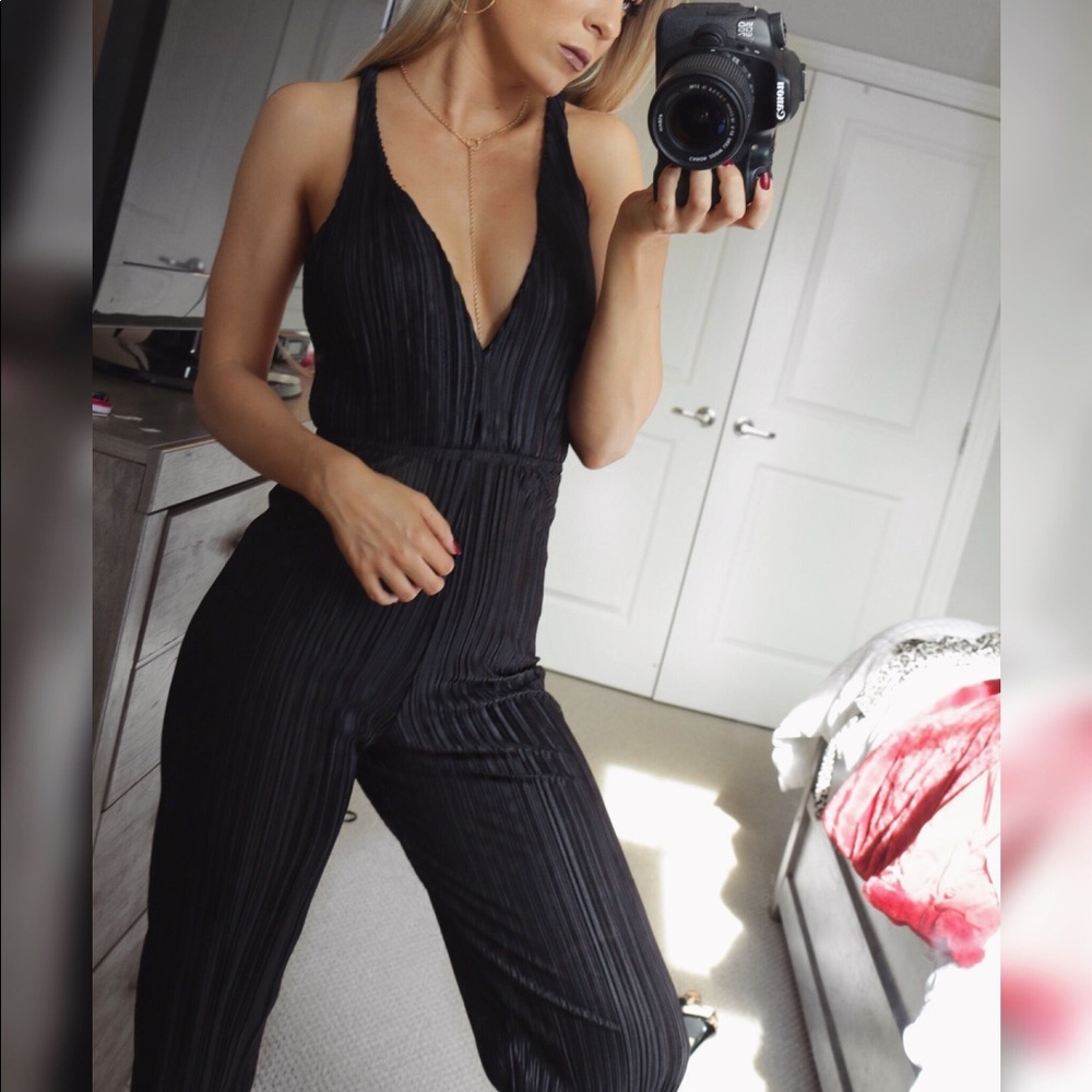 Black silky pleated jumpsuit